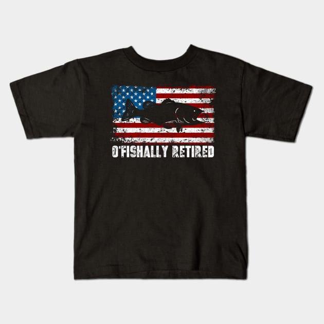 Funny O'Fishally Retired Fishing USA Flag Kids T-Shirt by RadStar